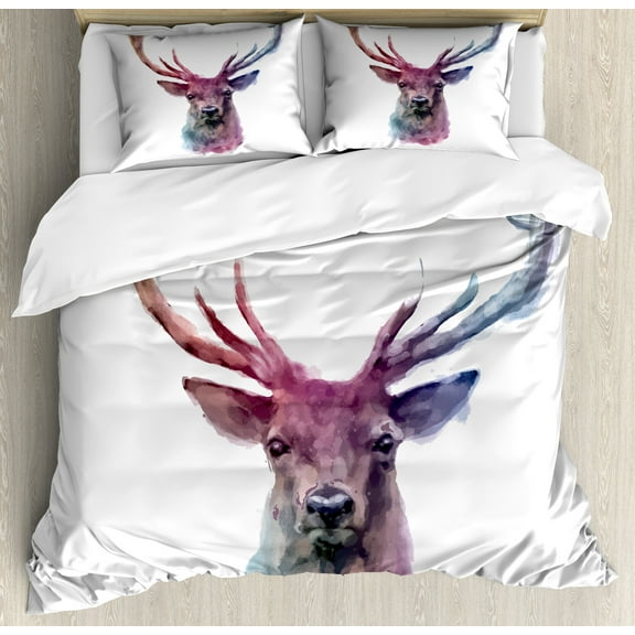 Deer Duvet Cover Set, Illustration of Male Stag with Soft Pale Colors Antlers Wildlife Nature Print, Decorative 3 Piece Bedding Set with 2 Pillow Shams, King Size, Pink Lilac, by Ambesonne