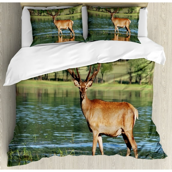 Deer Duvet Cover Set, Mountain Animal in the Water a Forest Background Male Mammal Freedom Habitat, Decorative 3 Piece Bedding Set with 2 Pillow Shams, Calking Size, Green Brown, by Ambesonne