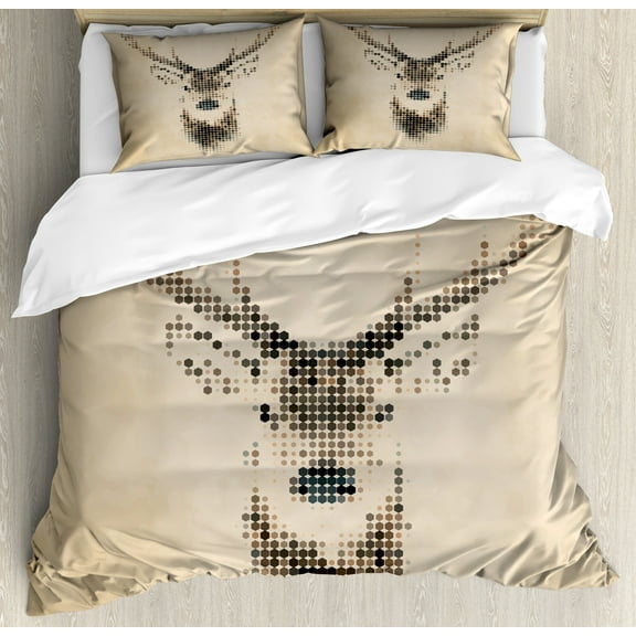 Deer Duvet Cover Set, Retro Style Animal Portrait Digital Dots and Geometric Circle Vintage Graphic, Decorative 3 Piece Bedding Set with 2 Pillow Shams, Calking Size, Cream Brown, by Ambesonne
