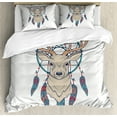 thumbnail image 1 of Deer Duvet Cover Set, Roe Deer with Dreamcatcher Folk Art Style Sketch, Decorative 3 Piece Bedding Set with 2 Pillow Shams, Queen Size, Beige Teal Cream, by Ambesonne, 1 of 3