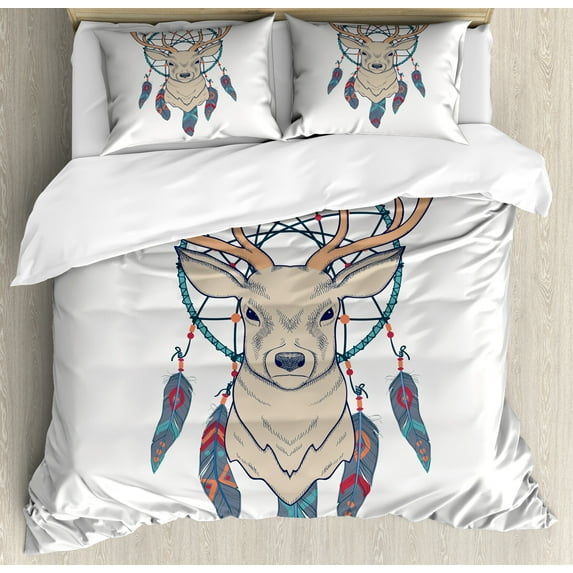 Deer Duvet Cover Set, Roe Deer with Dreamcatcher Folk Art Style Sketch, Decorative 3 Piece Bedding Set with 2 Pillow Shams, Queen Size, Beige Teal Cream, by Ambesonne