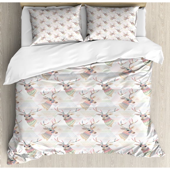 Deer Duvet Cover Set, Scandinavian Boho Colorful Triangles and Abstract Animal and Antlers in Pastel Tones, Decorative 3 Piece Bedding Set with 2 Pillow Shams, Queen Size, Multicolor, by Ambesonne