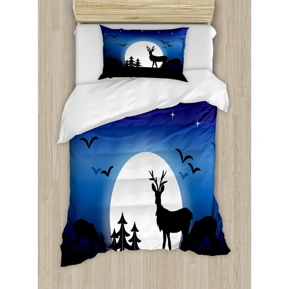 Deer Duvet Cover Set, Silhouette of Grassing Animals with Antlers and Flying Birds at Night, Decorative 2 Piece Bedding Set with 1 Pillow Shams, Twin Size, Indigo Blue Charcoal Grey, by Ambesonne
