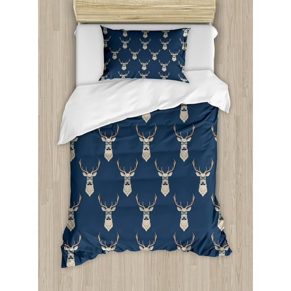 Deer Duvet Cover Set Twin Size, Hipster Inspired Deer with Antlers Glasses Mustaches Funny Animal Pattern Vintage, Decorative 2 Piece Bedding Set with 1 Pillow Sham, Slate Blue Tan, by Ambesonne