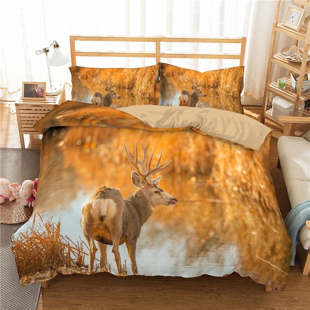 Deer Duvet Cover Set Woodland Animals Elk Moose Bear Wildlife Hunting