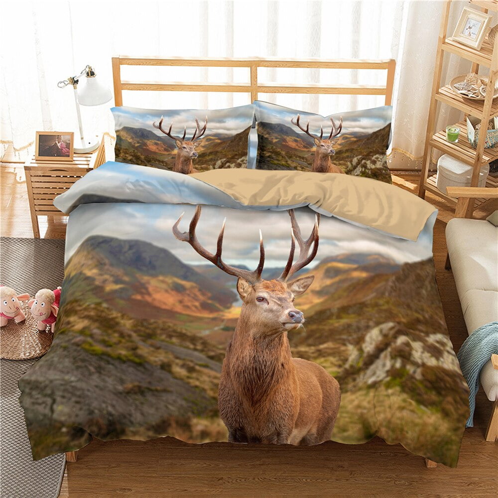 Deer Duvet Cover Set Woodland Animals Elk Moose Bear Wildlife Hunting
