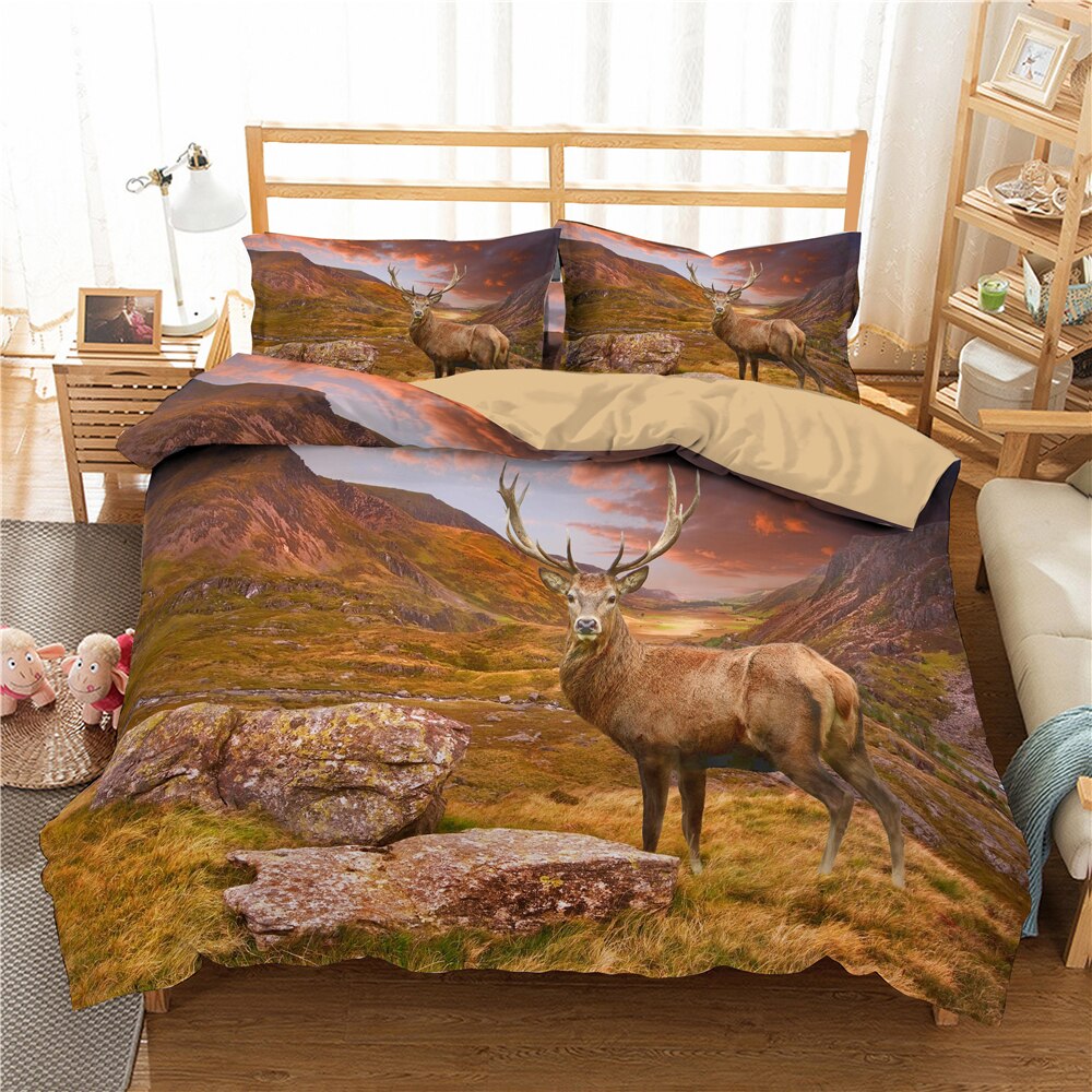 Deer Duvet Cover Set Woodland Animals Elk Moose Bear Wildlife Hunting