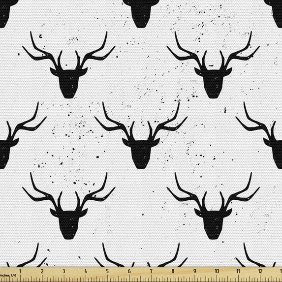Deer Fabric by the Yard, Deer Head with Antlers Silhouette Form Stained Worn Background Animal Illustration, Decorative Upholstery Fabric for Chairs & Home Accents, 10 Yards, Black White by Ambesonne