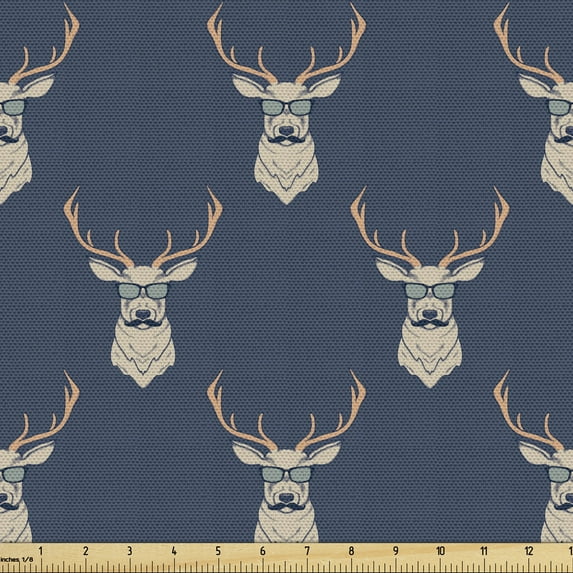 Ambesonne Deer Fabric by the Yard Upholstery, Retro Hipster Animals, 2 Yards, Slate Blue Tan