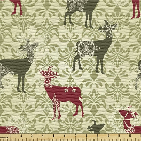 Deer Fabric by the Yard Upholstery, Damask Pattern and Ornate Christmas Themed Animal Silhouettes, Decorative Fabric for DIY and Home Accents, 10 Yards, Olive Green Pale Green by Ambesonne