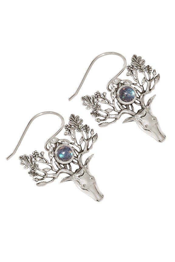 Deer Face - Natural Labradorite - Madagascar 925 Silver Earrings ALLE-17334