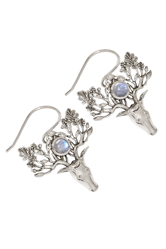 Deer Face - Natural Rainbow Moonstone - India 925 Silver Earrings ALLE-17333