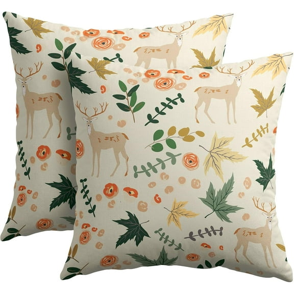 Deer Fall Pillow Covers 20x20 Set of 2 Green Cream Maple Leaf Autumn Outdoor Christmas Pillows Case Animal Print Pattern Decorative Xmas Cushion Cover Rustic Decoration Farmhouse Sofa Couch Bed Decor