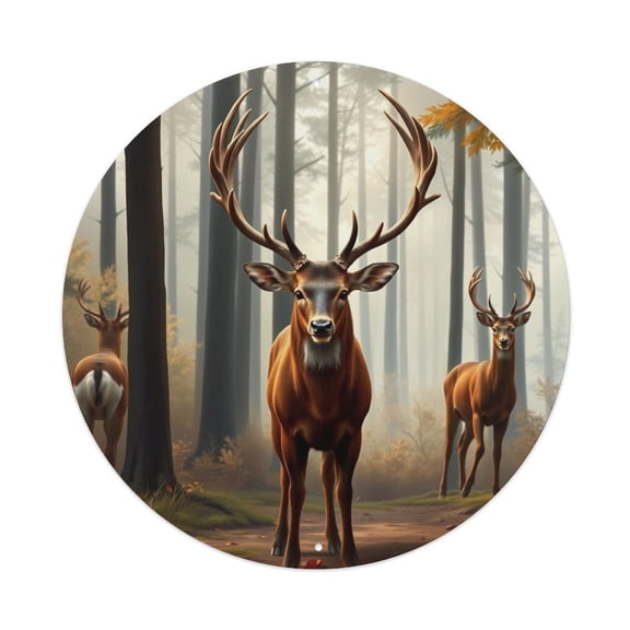 Deer Family Forest Majestic7.9x7.9in Round Aluminum Plaque Wall Art, UV Printed Vintage Metal Sign with Pre-Drilled Holes for Home Bar Garage Cafe Decor