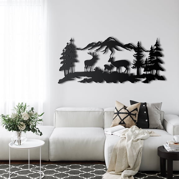 Deer Family Metal Wall Decor for Home and Outside - Wall-Mounted Geometric Wall Art Decor - Drop Shadow 3D Effect Wall Decoration for Living Room Bedroom