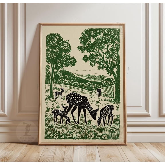 Deer Family Misty Meadow Poster Unframed Paper Print
