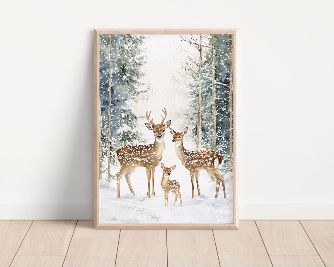 Deer Family Snowy Pine Trees Winter Landscape Painting Art Print ...