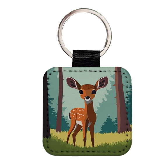 Deer Fawn Standing Faux Leather Square Keychain
