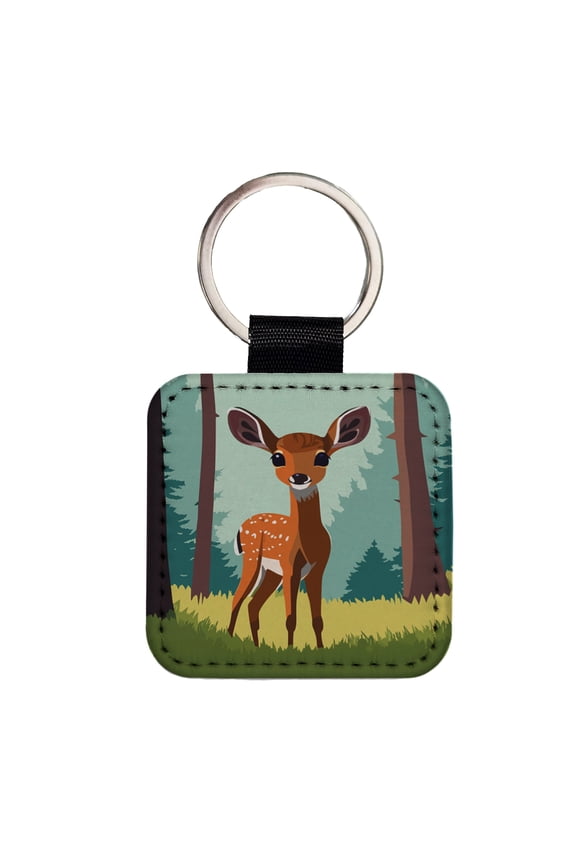 Deer Fawn Standing Faux Leather Square Keychain