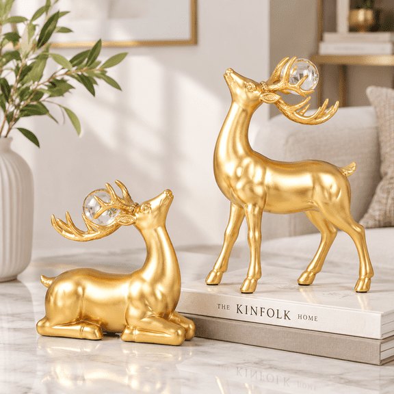 Deer Figurine Pair, Indoor Home Decor Statues for Living Room Tables and Shelves
