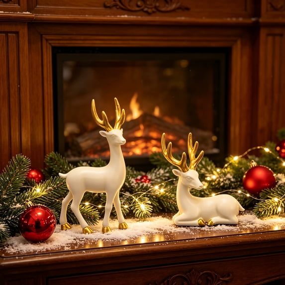 Deer Figurine Set, Resin Deer Ornaments for Home Decor, Wine Cabinet, Living Room, TV Cabinet, Entryway, Tabletop Decoration, Elegant Animal Statue Gift(White)