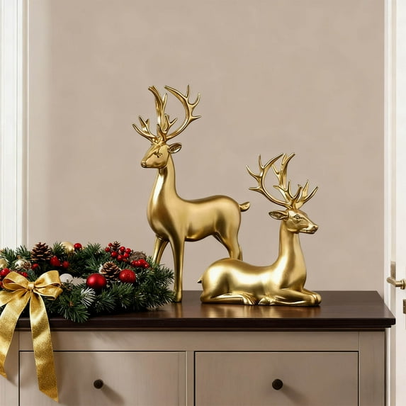 Deer Figurines Set Of 2 - Hand-Painted Reindeer Table Decor, Lightweight Plastic for Wine Cabinet Mantel or Tv Stand Instant Valentines Day Christmas Vibes Housewarming Wedding