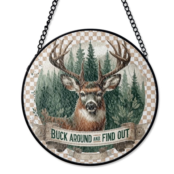 Deer Fish Stained Glass Suncatcher, Round Wildlife Art, Hunting Fishing Theme, Hobbyist Hunter Fisherman Gift, Outdoor Indoor Window Decor