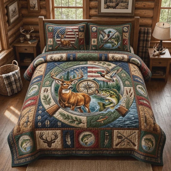 Deer Fishing Quilted 3-Piece Bedding Set, Rustic Lodge Bedspread ...