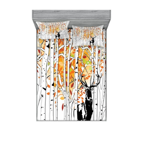 Deer Fitted Sheet & Pillow Sham Set, Deer in Forest Autumn Colors Trees Foliage Wilderness Seasonal Art, Decorative Printed 6 Piece Bedding Decor Set, King, Orange Green and White, by Ambesonne
