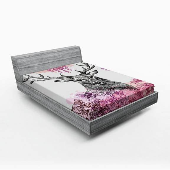 Ambesonne Tribal Fitted Sheet, Flower Leaves Hand Drawn, Queen Size, Black Fuchsia