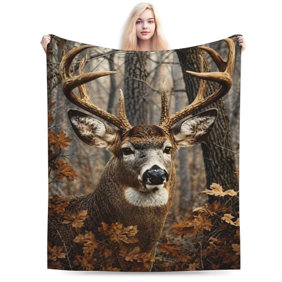 Deer Fleece Blanket for Bed, Queen Size Woodland Fleece Throw Blanket for Men, Women 50x40