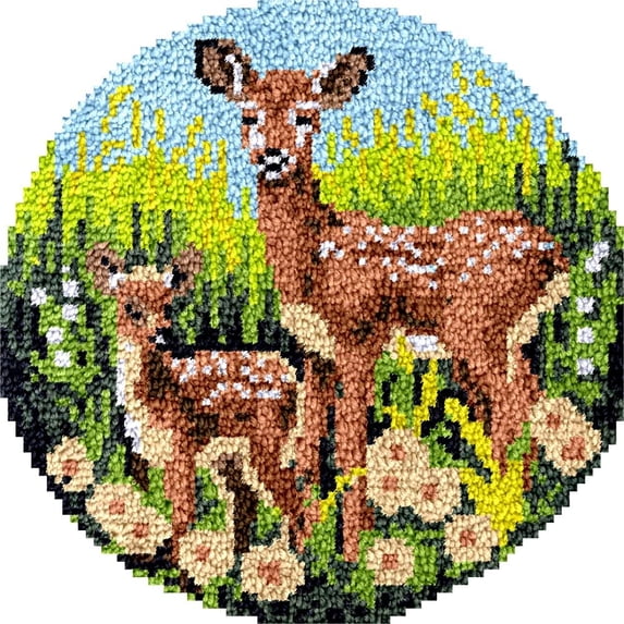 Deer & Flowers Latch Hook Round Rug Kits Set for Starter Crochet Handmade Hooking Cushion Mat Sofa Seat Cushion Crocheting Kits with Preprinted Canvas Crochet Yarn Kits 50X50CM (r27)