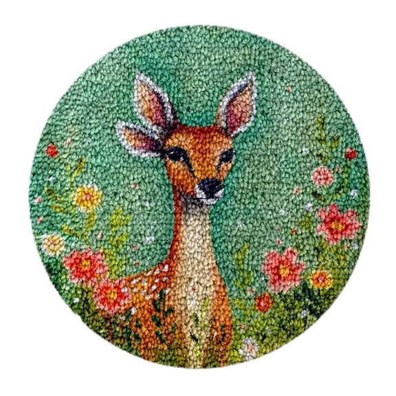 Deer & Flowers Round Shape Latch Hook Rug Kits Set for Starter Crochet Hook Cushion Floor Mat Sofa Seat Cushion Kits with Preprinted Canvas Crochet Yarn Carpet 50X50CM (sn41)