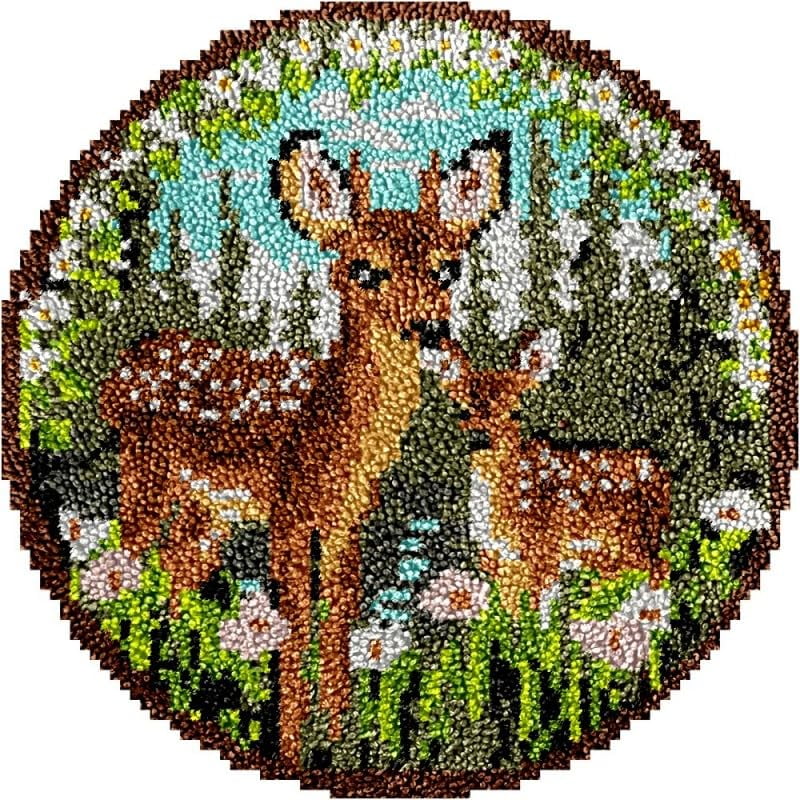 Deer in Flowers Round Shape Latch Hook Rug Kits Set for Starter Crochet Hook Cushion Mat Sofa Seat Cushion Crocheting Kits with Preprinted Canvas Crochet Yarn Kits 50X50cm (ui1)