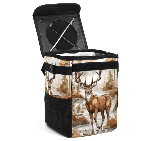 Deer Foldable Car Trash Can with Lid, Leak-Proof, and Hanging Storage Bag - Trash Can for Car, Car Garbage Can