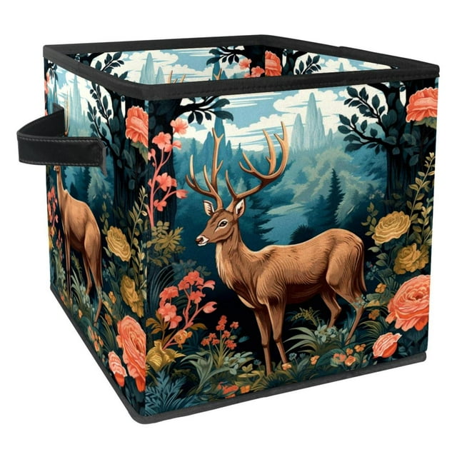 Deer Foldable Toy Box with Handle, 10.8"x10.5"x10.6", Large Capacity for Toy and Clothes Storage