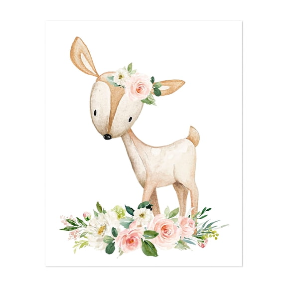 Deer, Forest Animals, Woodland Animals, Boho, Pink Flowers, Girl Nursery - Illustration Deer Floral Watercolor Animal Whimsical Woodland Flowers Unframed Wall Art Print 12 x 16 inches