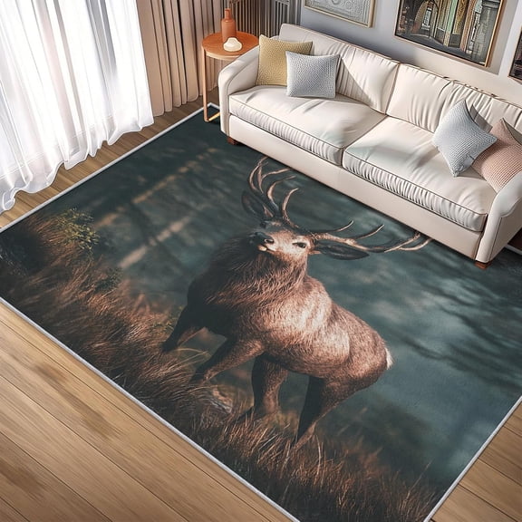 Deer Forest Area Rugs, Wildlife Hunting Animal Pattern Carpet, Washable Non Slip Low Pile Soft Rug for Living Room Bedroom Decor Mat 5x8ft