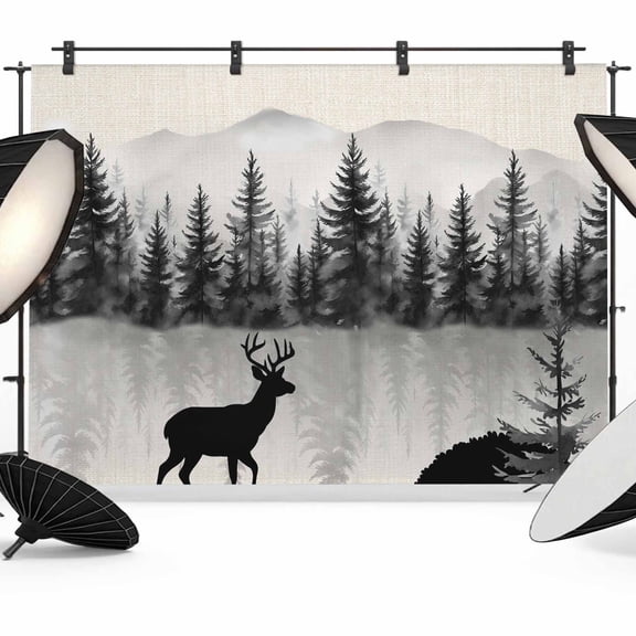 Deer Forest Backdrop for Photography,Fabric Photo Background Backdrop,Farmhouse Vintage Nature Trees Mountain Photo Booth Background for Portrait Photoshoot Video Wedding Decoration Banner 12x8ft