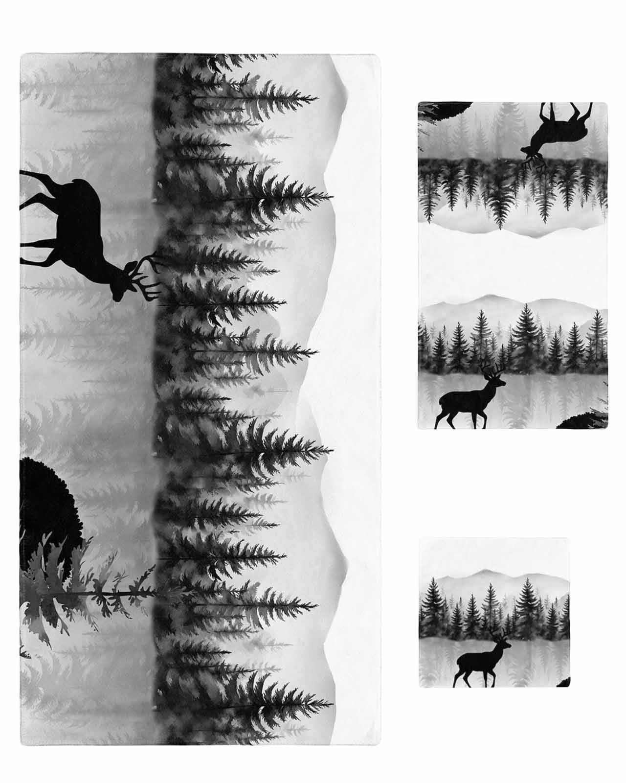 Deer Forest Bath Towels for Bathroom Set,Luxury Microfiber Towels Gifts for Women,Beach Kitchen Hand Hair Face Towel and Dish Washcloth,Retro Country Trees Mountain Nature Scenery Towels+Set