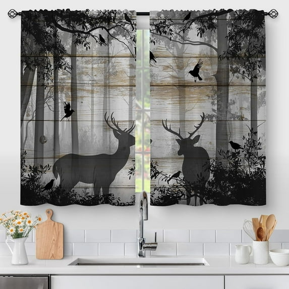 Deer Forest Kitchen Curtains - Hunting Vintage Small Short Cafe Tier Curtains Farmhouse Rustic Decor for Living Room Rod Pocket Window Drapes 36 Inch Length 2 Panels Set 28"x36"