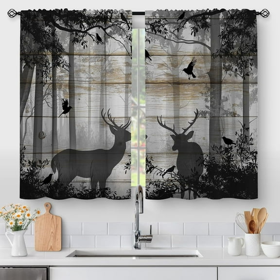 Deer Forest Kitchen Curtains - Hunting Vintage Small Short Cafe Tier Curtains Farmhouse Rustic Decor for Living Room Rod Pocket Window Drapes 36 Inch Length 2 Panels Set 28"x36"