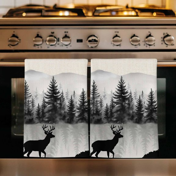 Deer Forest Kitchen Towels Set of 1, Farmhouse Vintage Nature Trees Mountain Absorbent Dish Towels for Kitchen, Microfiber Hand Towel, Quick Drying Tea Towel for Cleaning Decorative Dishcloths