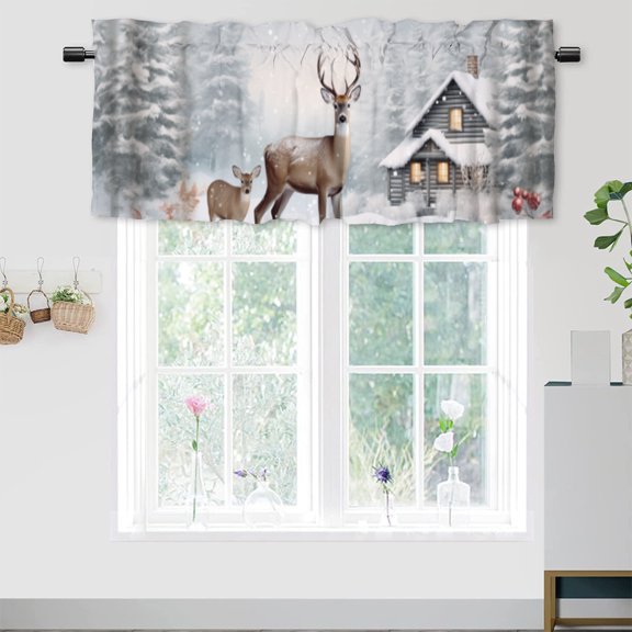 Deer Forest Kitchen Valance Cabin Wild Animal Deer Elk Nature Snowy Tree Rod Pocket Decoration Window Valance Curtains