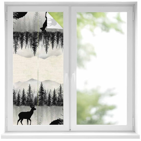 Deer Forest Privacy Window Film, Decorative Frosted Glass Window Film, Farmhouse Vintage Nature Trees Mountain Reusable Peel and Stick Static Cling for Home Bathroom Office Glass Door 17.7"x39.3"