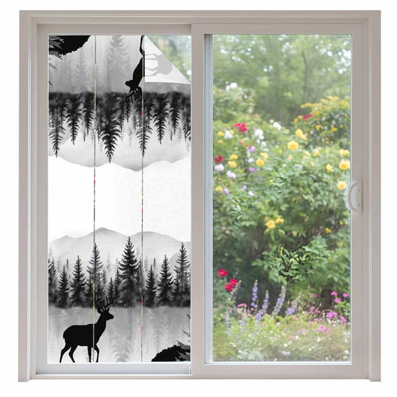 Deer Forest Privacy Window Film, Decorative Frosted Glass Window Film, Retro Country Trees Mountain Nature Scenery Reusable Peel and Stick Static Cling for Home Bathroom Office Glass Door 35.4"x78.7"