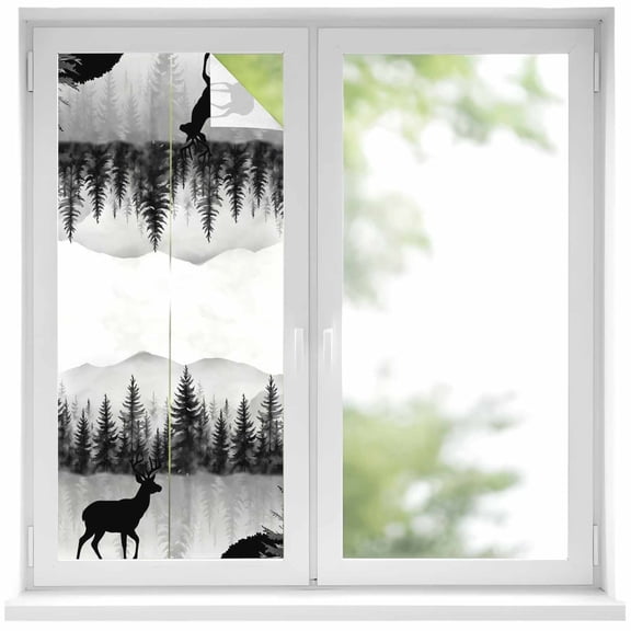 Deer Forest Privacy Window Film, Decorative Frosted Glass Window Film, Retro Country Trees Mountain Nature Scenery Reusable Peel and Stick Static Cling for Home Bathroom Office Glass Door 17.7"x39.3"