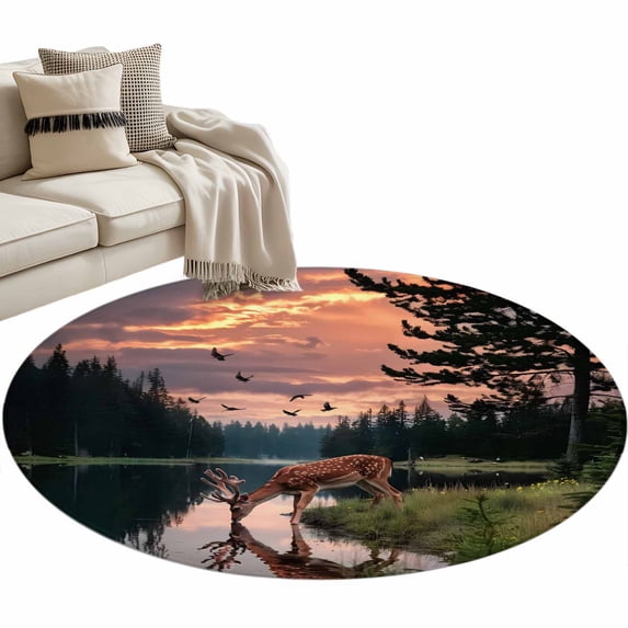 Deer Forest Round Rug 3.3ft Washable Circle Entryway Rugs Non Slip Modern Art Elk Trees Area Rug Indoor Floor Carpet for Bedroom Kitchen Living Room Home Office Dining Room Nursery