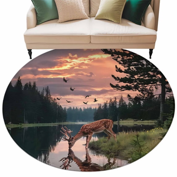 Deer Forest Round Rug 5ft Washable Circle Kitchen Rugs Non Slip Modern Art Elk Trees Large Area Rug Indoor Floor Carpet for Bedroom Living Room Home Office Dining Room Nursery