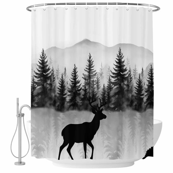 Deer Forest Shower Curtain, Waterproof Shower Curtains for Bathroom, Retro Country Trees Mountain Nature Scenery Washable Fabric Bathtub Curtain Set Bath Decor with 12 Hooks 72"x78"
